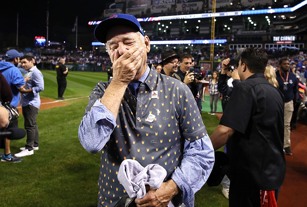 CLEVELAND, OH - NOVEMBER 02:  Actor Bill Murray reacts on the field after the Chicago Cubs defeated the Cleveland Indians 8-7 in Game Seven of the 2016 World Series at Progressive Field on November 2, 2016 in Cleveland, Ohio. The Cubs win their first World Series in 108 years.  (Photo by Ezra Shaw/Getty Images)