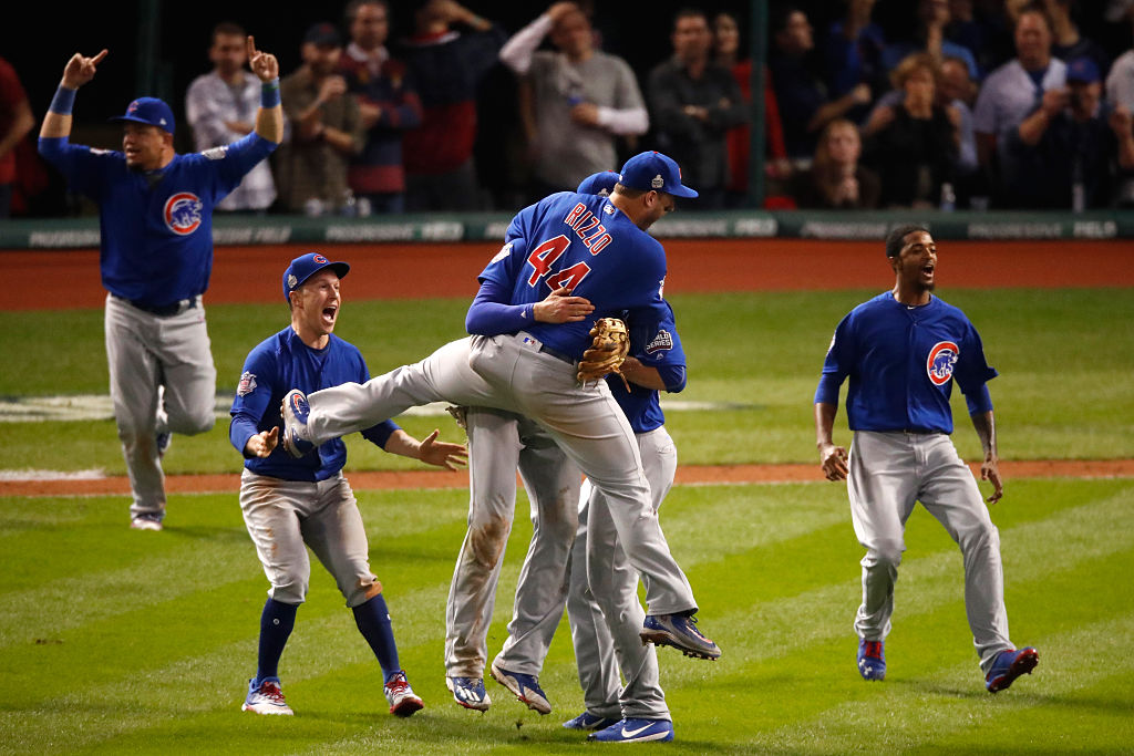 CLEVELAND, OH - NOVEMBER 02:  The Chicago Cubs celebrate after winning 8-7 in Game Seven of the 2016 World Series at Progressive Field on November 2, 2016 in Cleveland, Ohio.  (Photo by Gregory Shamus/Getty Images)