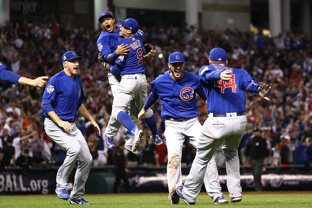 CLEVELAND, OH - NOVEMBER 02:  The Chicago Cubs celebrate after winning 8-7 in Game Seven of the 2016 World Series at Progressive Field on November 2, 2016 in Cleveland, Ohio.  (Photo by Ezra Shaw/Getty Images)